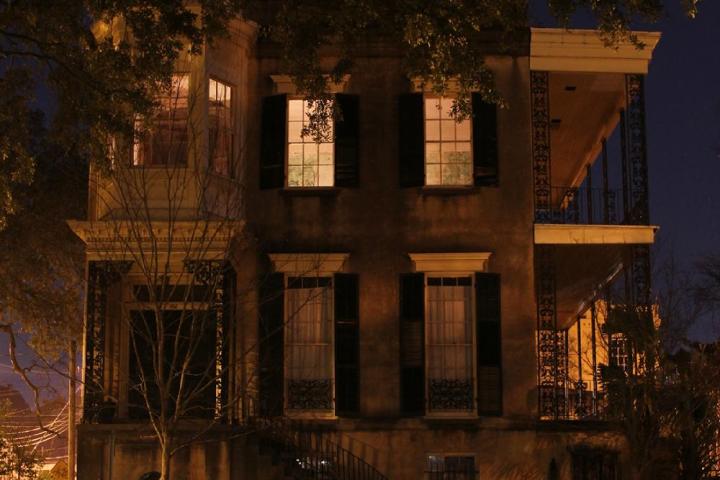 Building with lights on at night